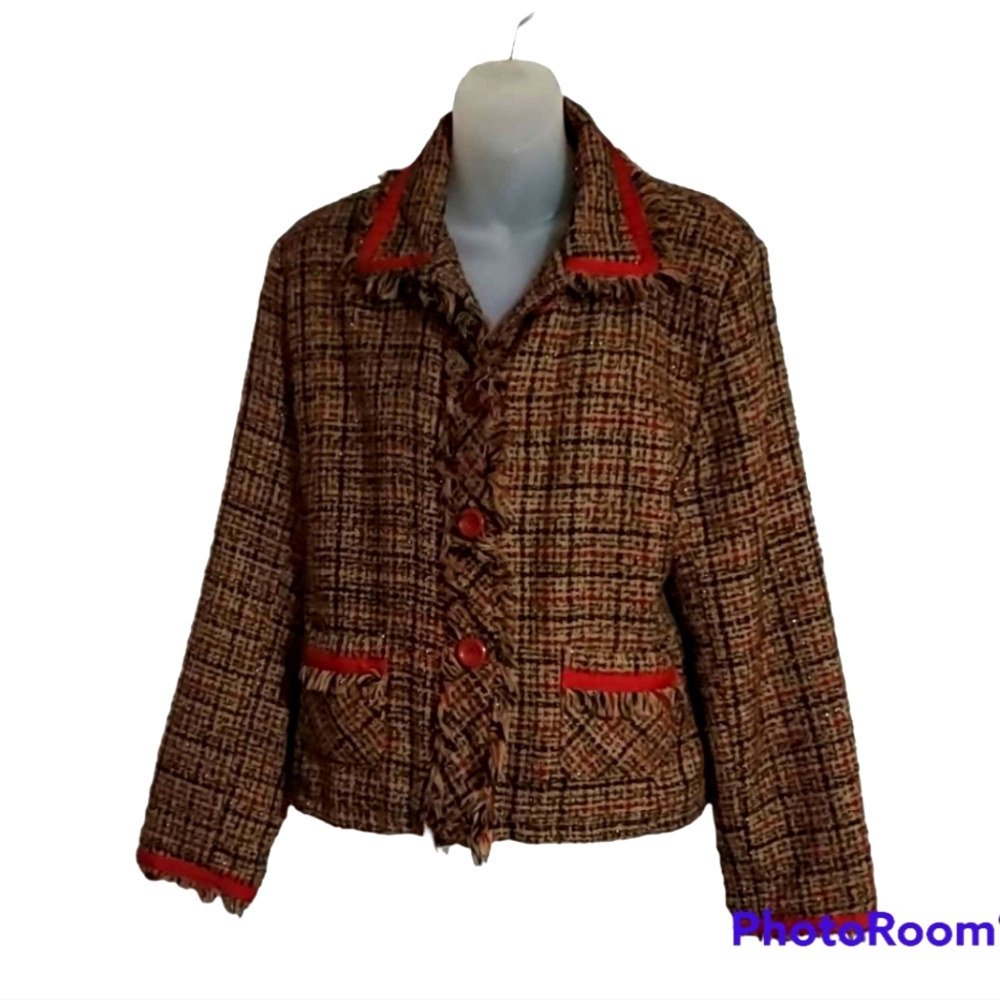 Robert Lewis Womens Large Tan Beige & Red Suit Jacket Silver Glitter Plaid